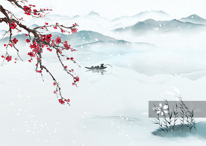 手绘大雪节气国风意境山水风景插画图片素材