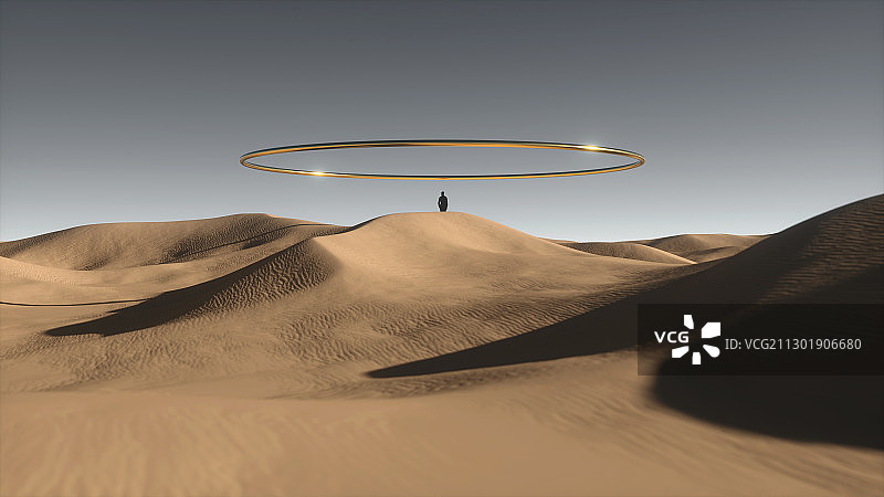 3D渲染沙漠上空的金属圆环概念艺术场景图片素材
