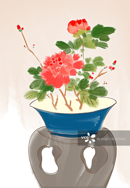 古典高雅水彩画静物花卉牡丹花图片素材