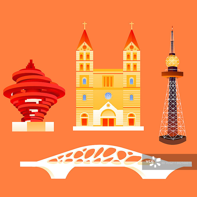 卡通中国山东青岛城市建筑风景旅游旅行出游标志性地标矢量插画图片素材