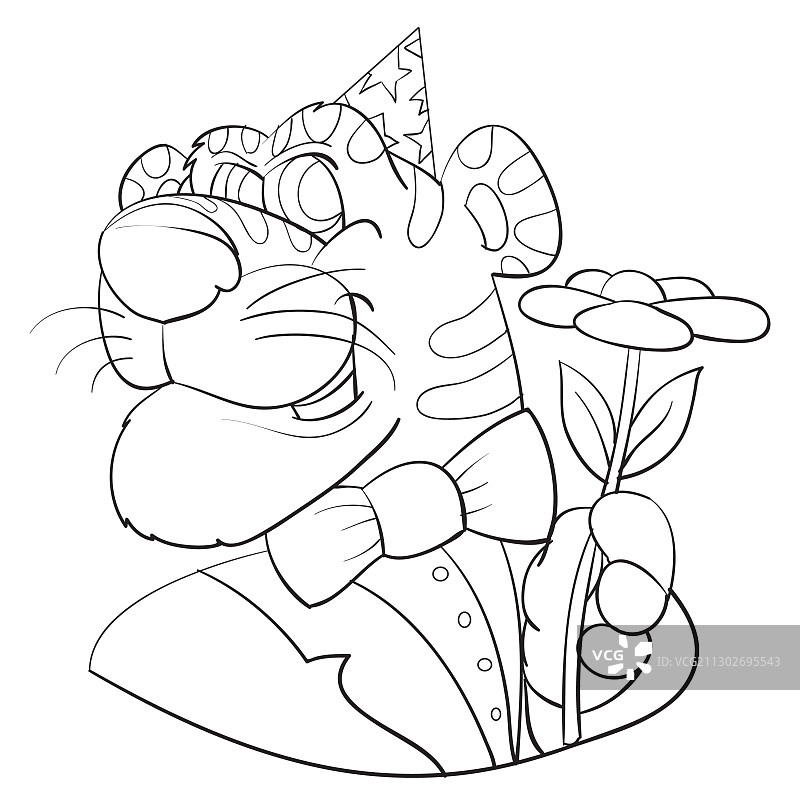 卡通素描一个戴着喜庆帽的老虎头图片素材