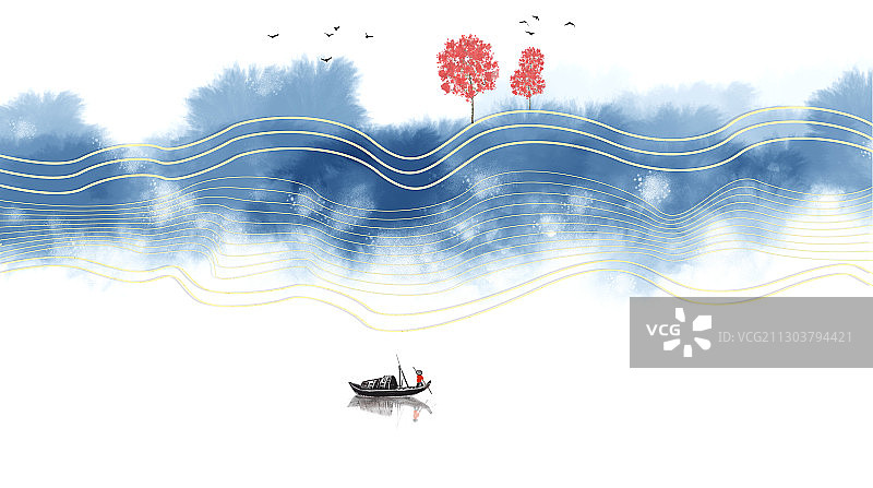 中国风抽象蓝色意境山水画图片素材