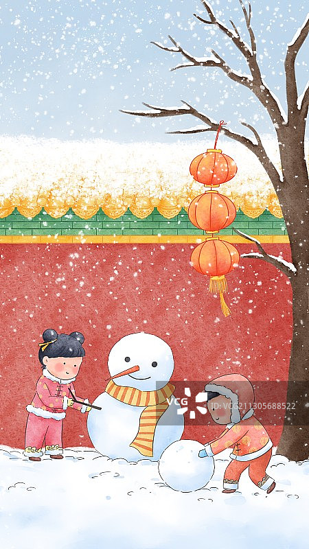 冬天下雪儿童堆雪人插画图片素材