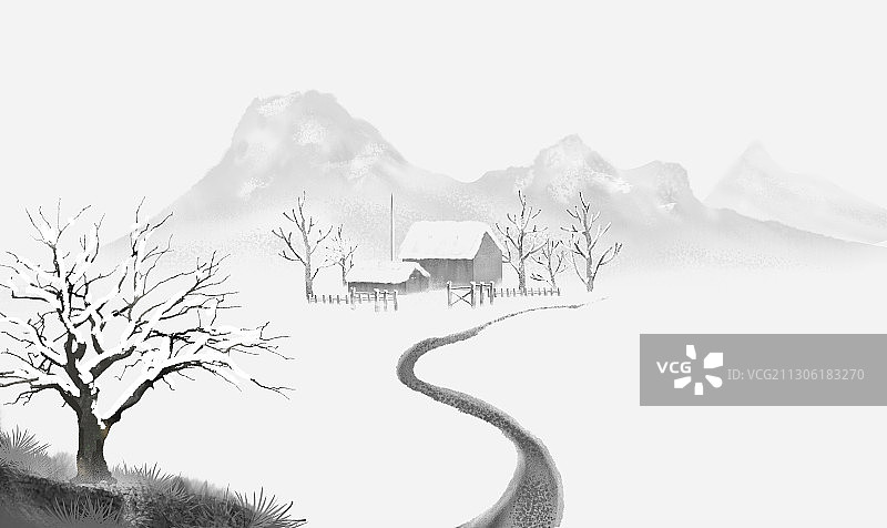 冬季水墨雪景插画图片素材