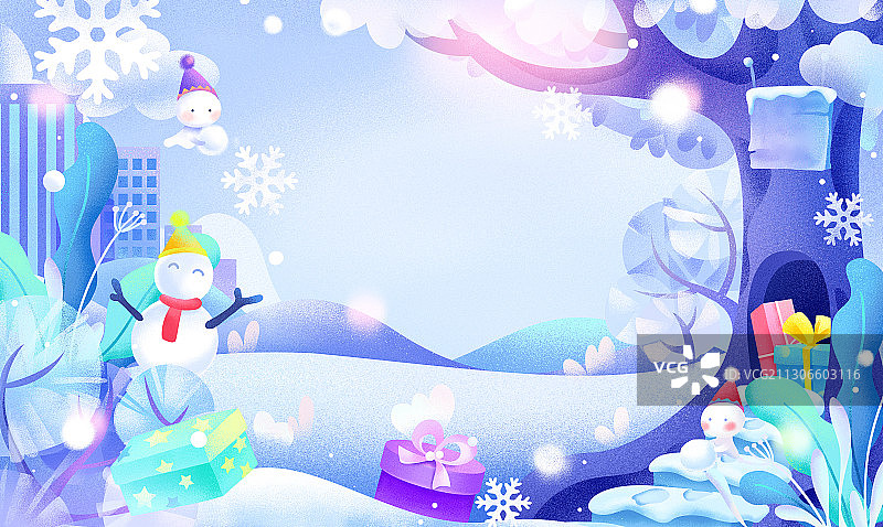 冬季雪地上的雪人树木礼物小精灵梦幻插画图片素材