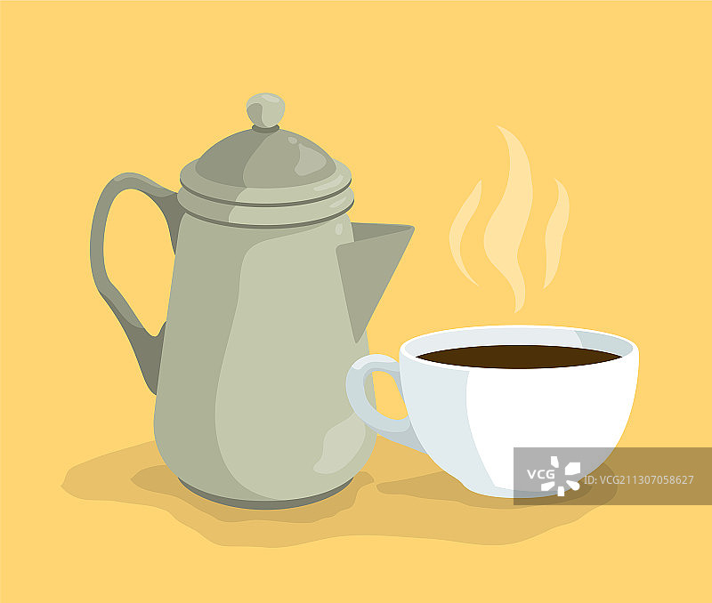 卡通咖啡壶、茶壶和杯子放在盘子上图片素材