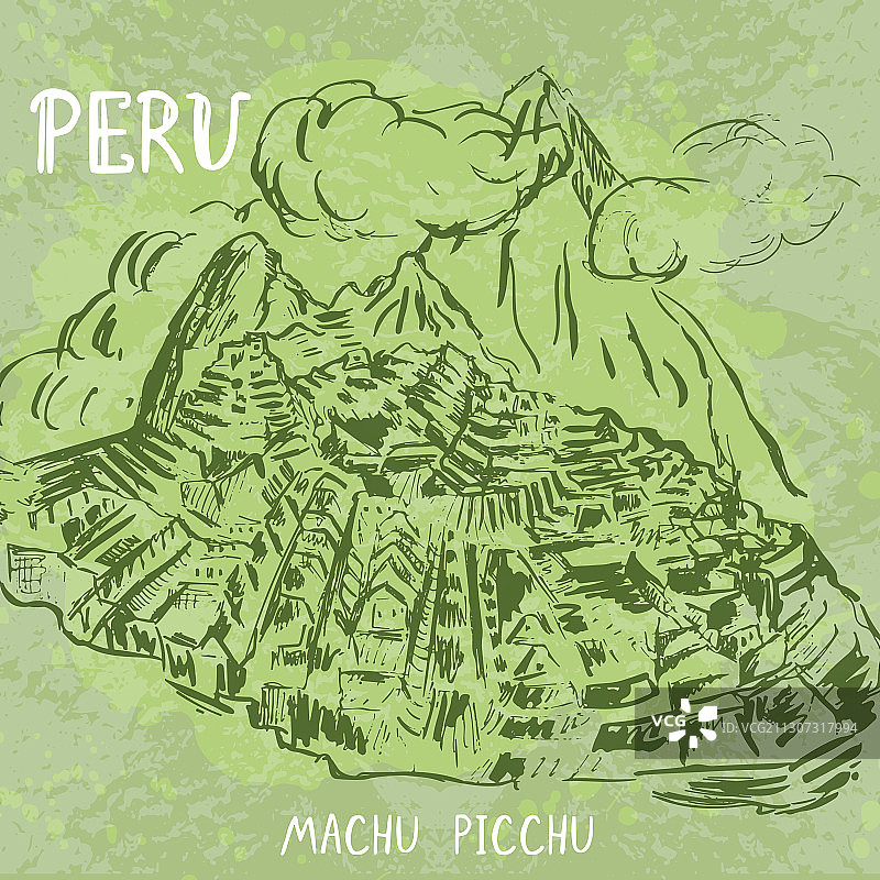 手绘废墟秘鲁标志性景观马丘岛图片素材