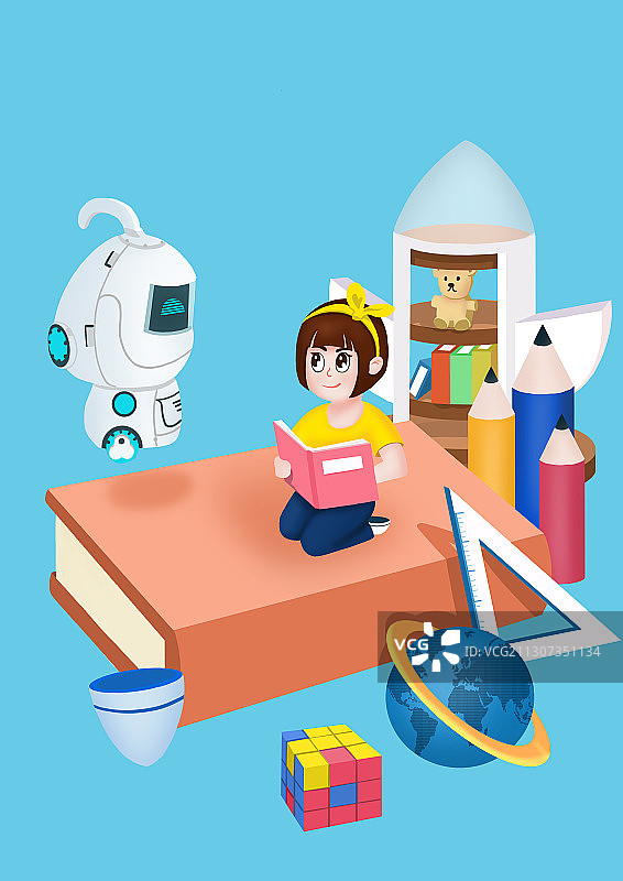 卡通智能机器人陪伴女孩学习插画图片素材