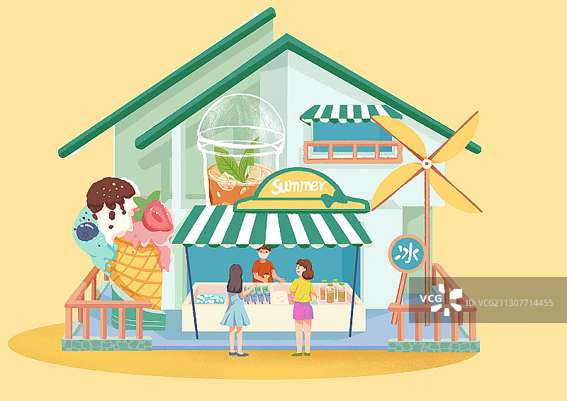 小清新夏季街边冰室水吧店铺插画图片素材