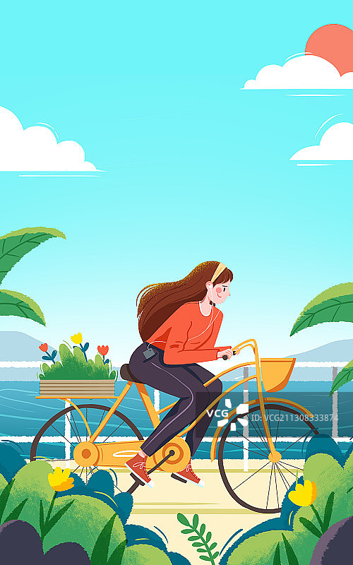 夏天女孩在海边骑自行车图片素材