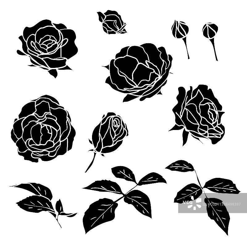 黑色剪影玫瑰与叶和芽集图片素材