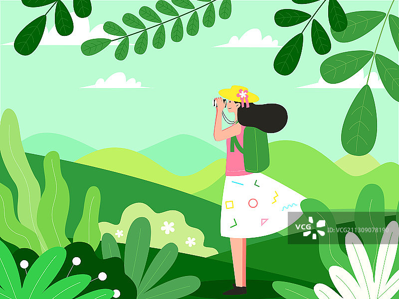 一个女孩在植物丰茂的户外旅行图片素材
