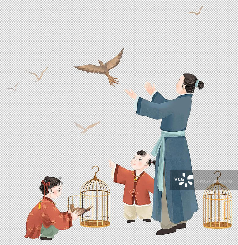 放生鸟的父子三人古代插画图片素材