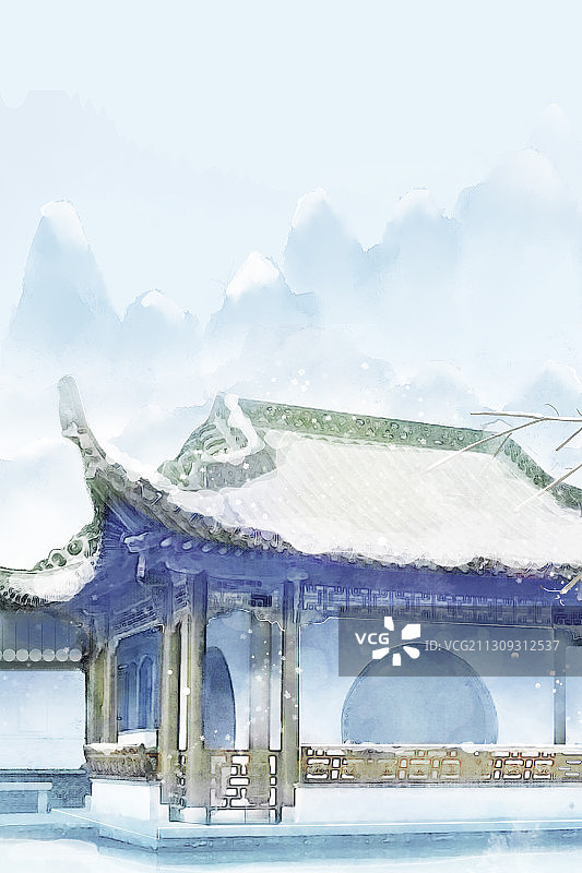 冬天中国风古代建筑亭子远山图片素材