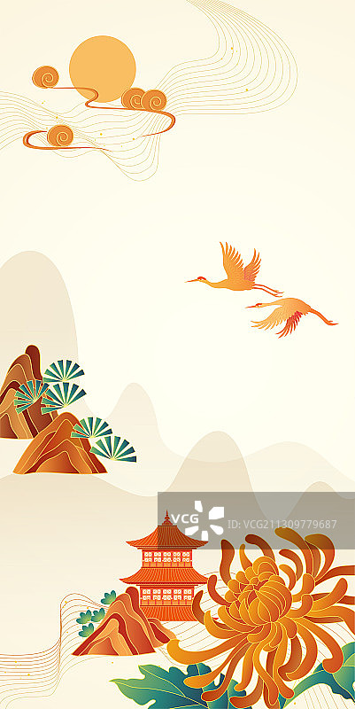 中国风山水仙鹤背景图案图片素材