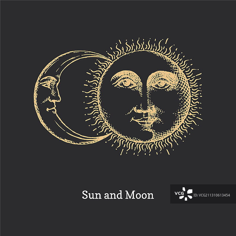 太阳和月亮手绘在版画风格图片素材