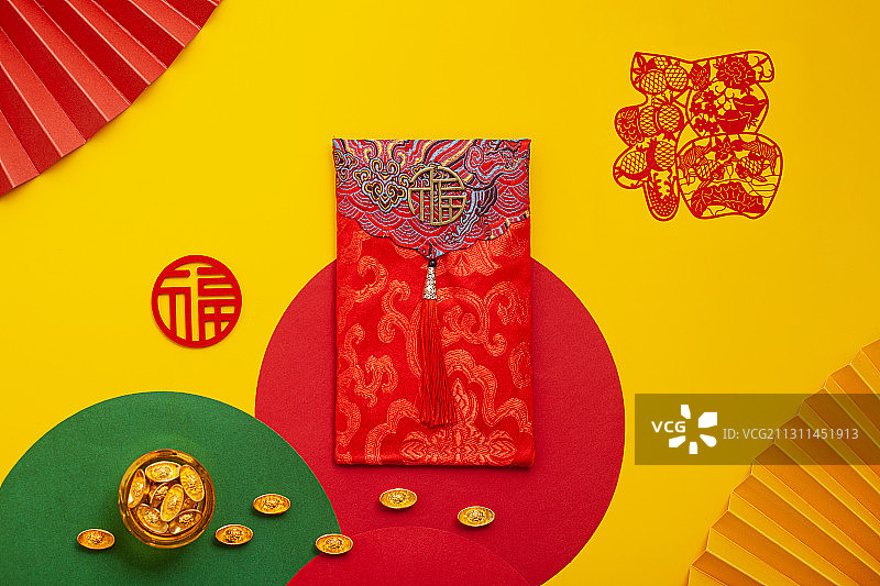 新年红包和福字剪纸,金元宝,聚宝盆图片素材