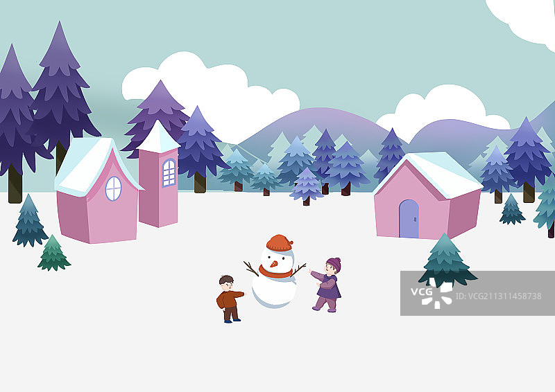 小清新冬季房屋前孩子们堆雪人场景插画图片素材