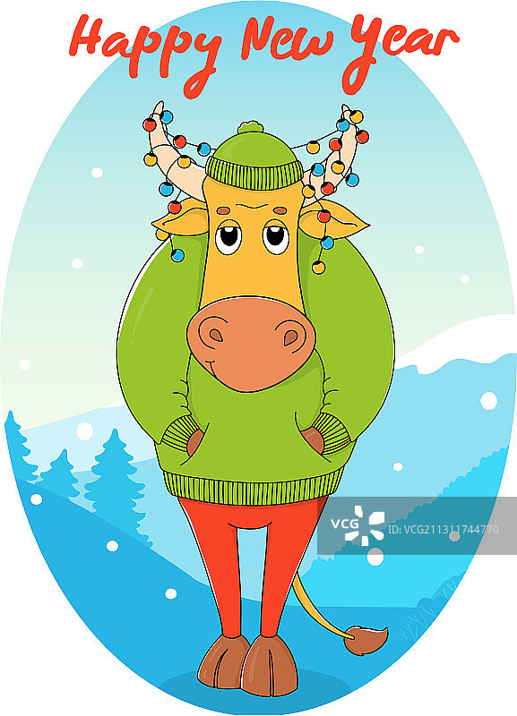 牛角上有花环的公牛圣诞贺卡图片素材