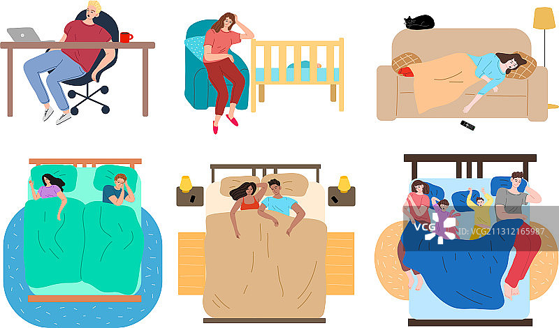 不同的人在家里摆着不同的姿势睡觉图片素材