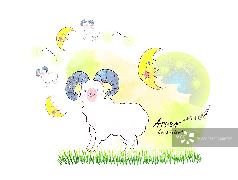 白羊座的星座插图，有角的羊和新月图片素材