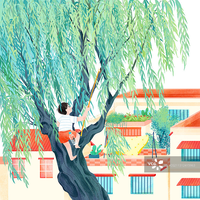 七月大暑柳树男孩爬树捕蝉农村房屋插画图片素材