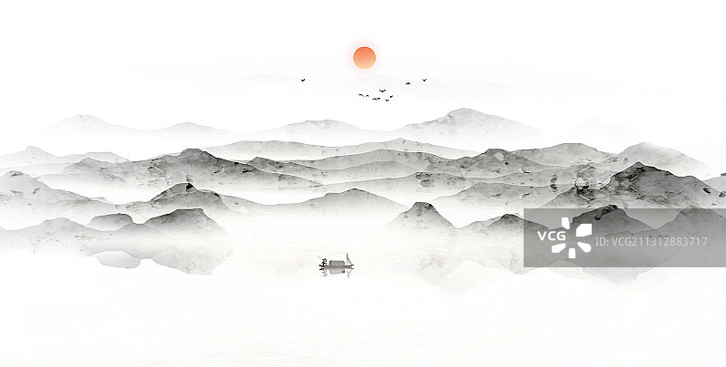 中国风意境留白水墨山水背景插画图片素材