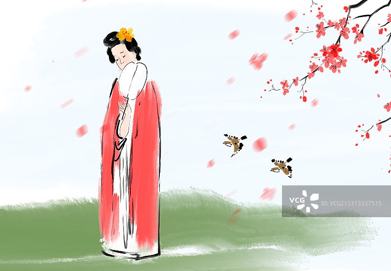 二十四节气水墨中国画春季古装汉服美女插图图片素材