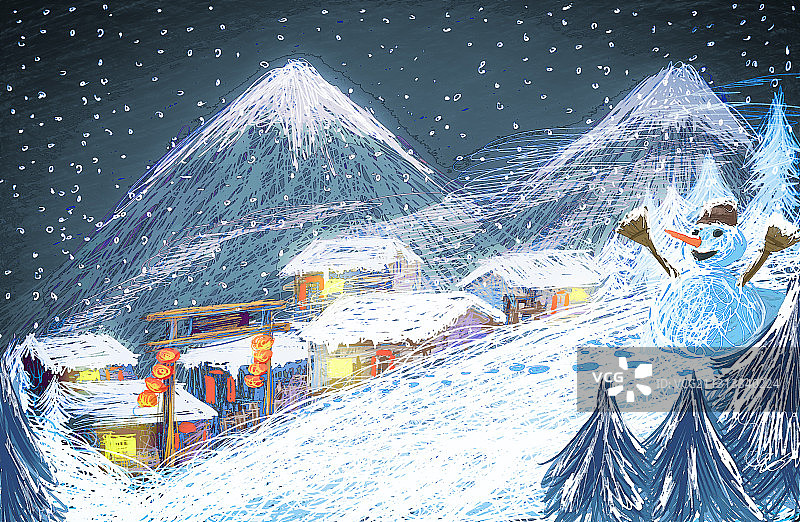 村庄雪景插画图片素材