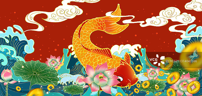 跃出海浪的鲤鱼，春节年画生财锦鲤图片素材