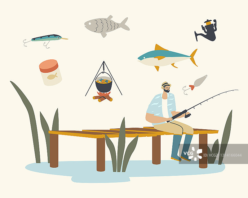渔夫坐在木码头上用钓竿捕鱼图片素材