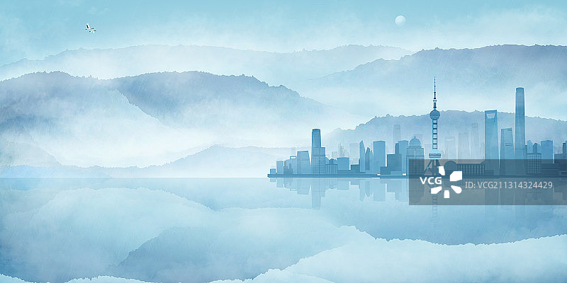 上海城市建筑群和远山的插画图片素材