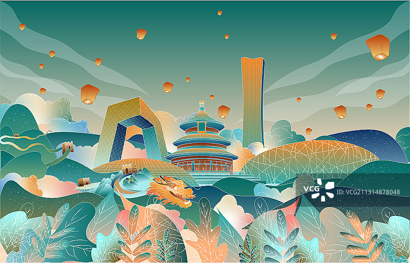 北京地标建筑群噪点肌理扁平插画图片素材