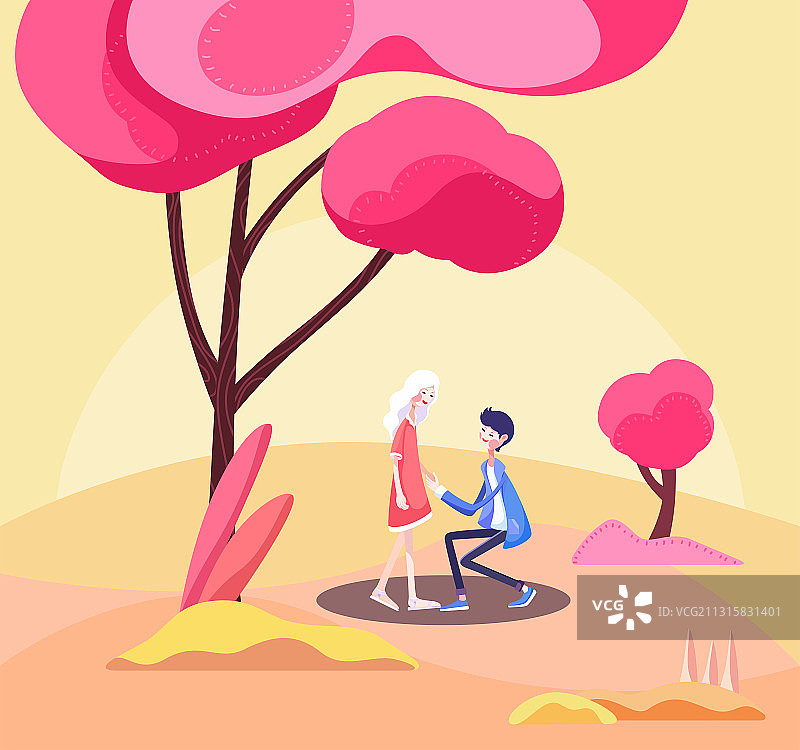 情人节在树下求婚告白的青年男女矢量插画图片素材