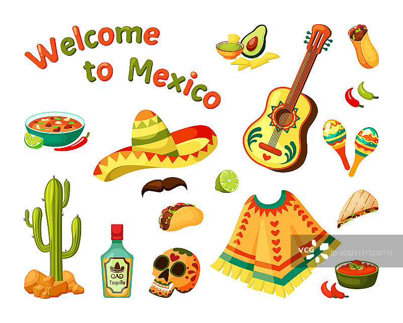 墨西哥文化设置宽边帽和吉他图片素材