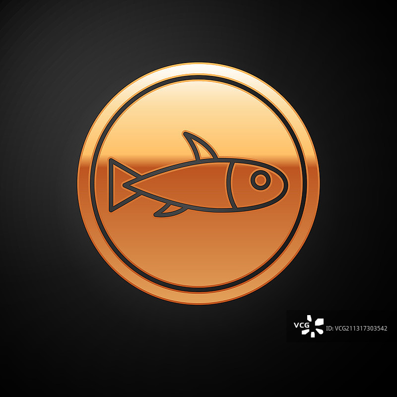 金色盘子上的鱼孤立在黑色图标上图片素材