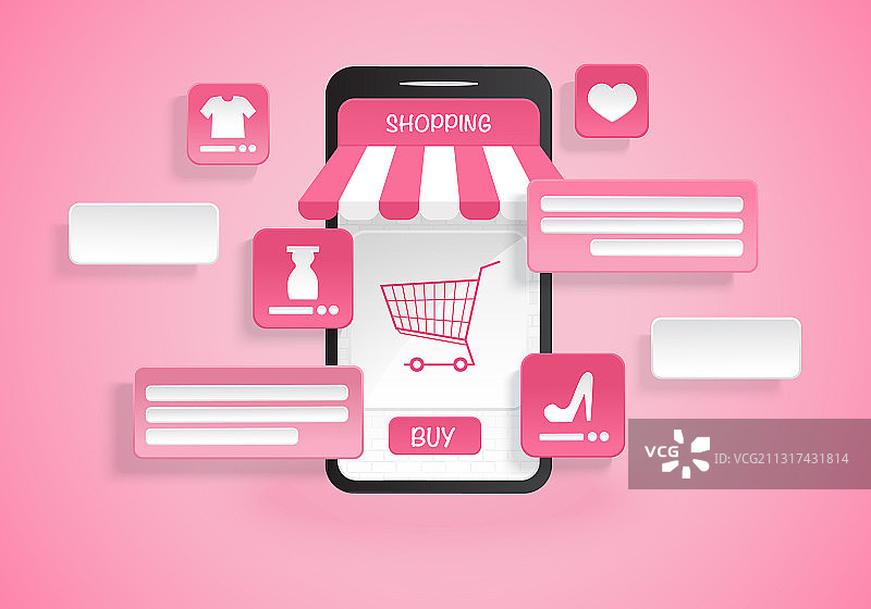 网上购物的智能手机应用程序上的粉红色图片素材