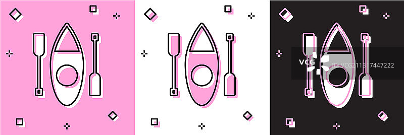 设置皮划艇和桨图标隔离在粉红色和图片素材