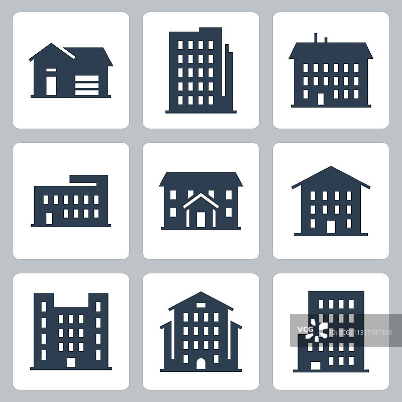建筑物和房屋图标设置在字形风格图片素材