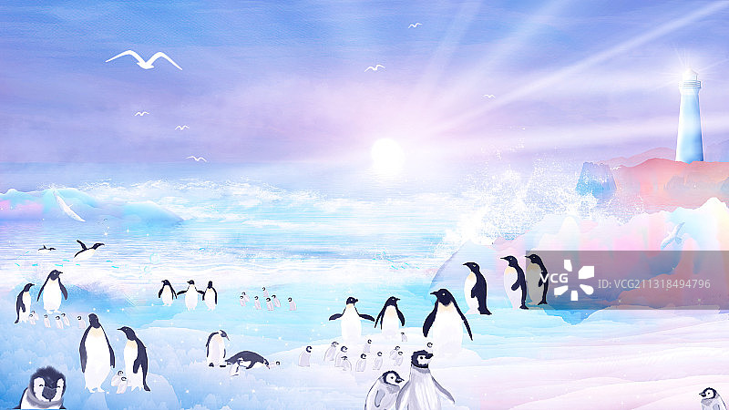 企鹅们在看海上日出，海浪拍打着礁石插画图片素材