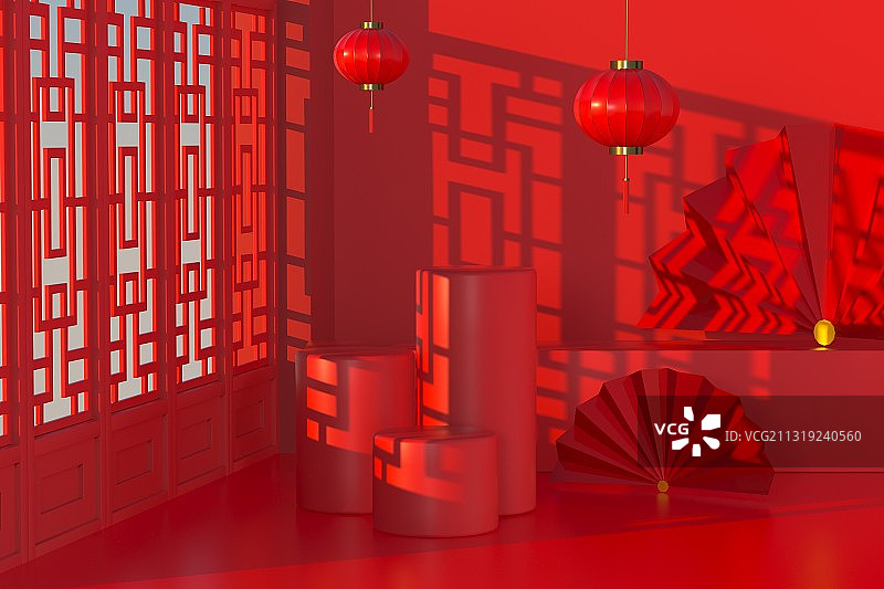 3D渲染的中国风带窗户光影效果展台图片素材