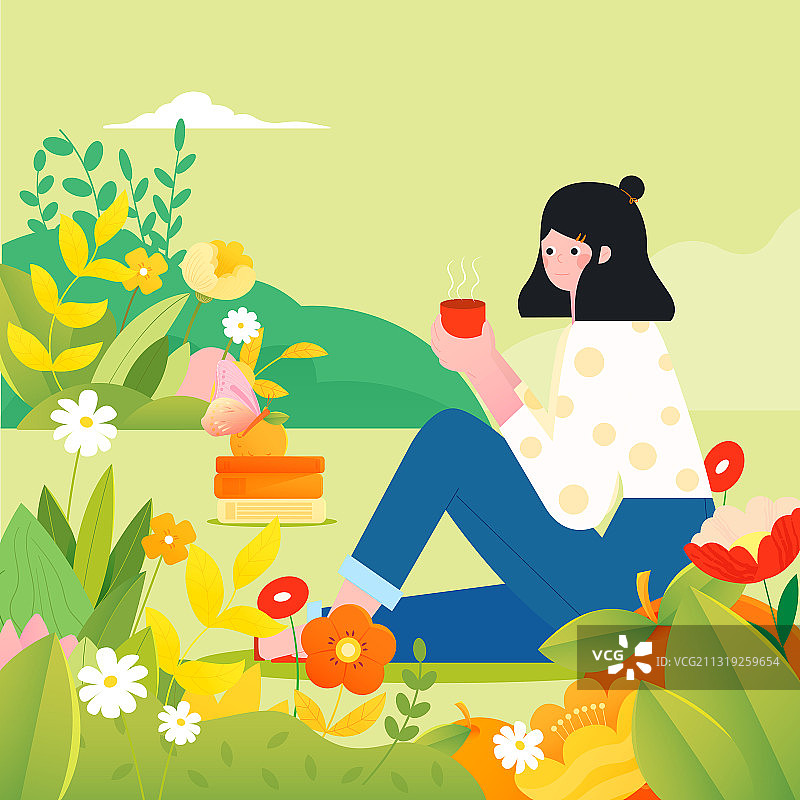 春天女孩坐在花丛中喝茶矢量插画海报图片素材