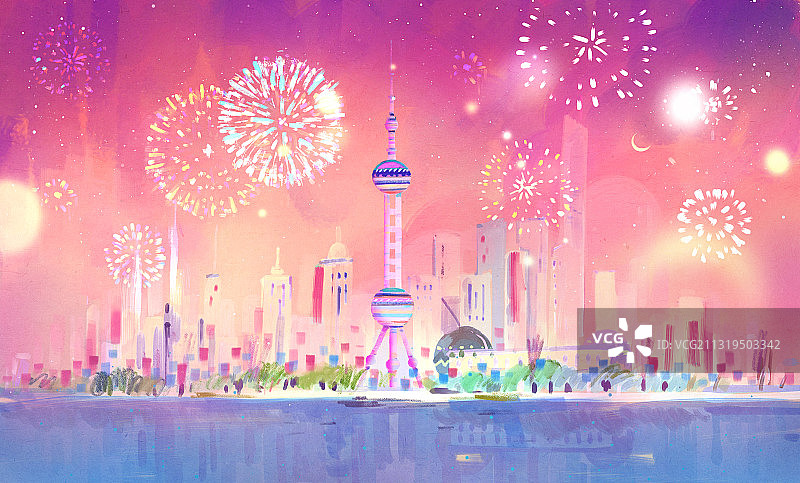 城市，上海，夜晚，烟火，庆祝，著名景点，梦幻，华丽图片素材