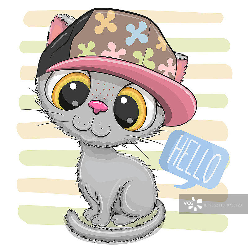 带条纹的粉红色帽子的卡通小猫图片素材
