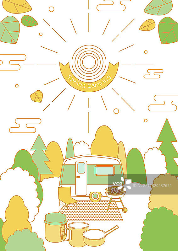 矢量插图的春季露营与露营车和烧烤山图片素材