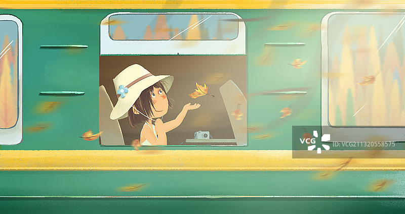 乘坐绿皮火车出游的女孩图片素材