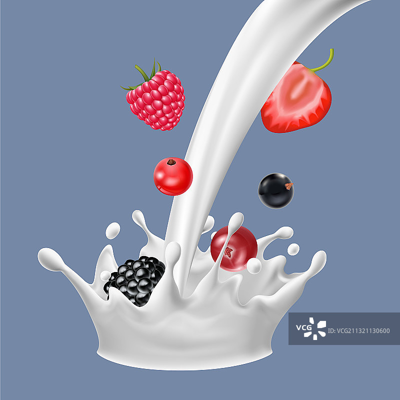 逼真的细节3d生浆果与流动牛奶图片素材