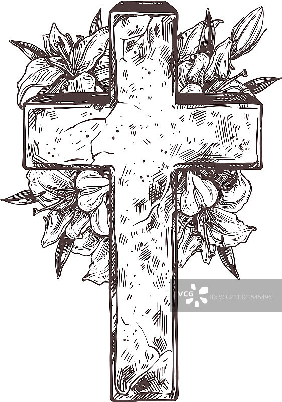 基督石十字架与花圈白花图片素材