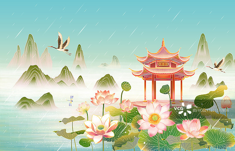 西湖雨景插画海报背景图片素材