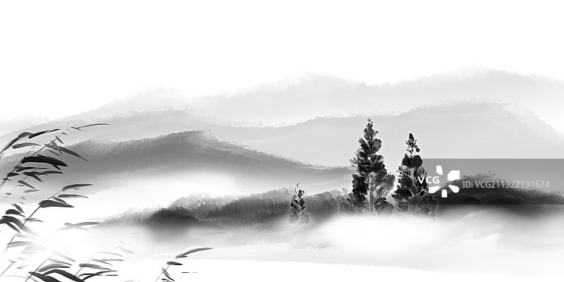 水墨中国画抽象背景元素插图湖水芦苇图片素材